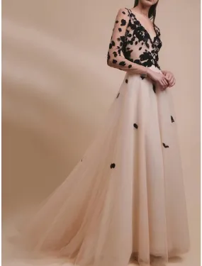 A-Line Evening Gown Elegant Dress Formal Wedding Guest Sweep / Brush Train Long Sleeve V Neck Tulle with EmbroideryA-Line Evening Gown Elegant Dress Formal Wedding Guest Sweep / Brush Train Long Sleeve V Neck Tulle with Embroidery