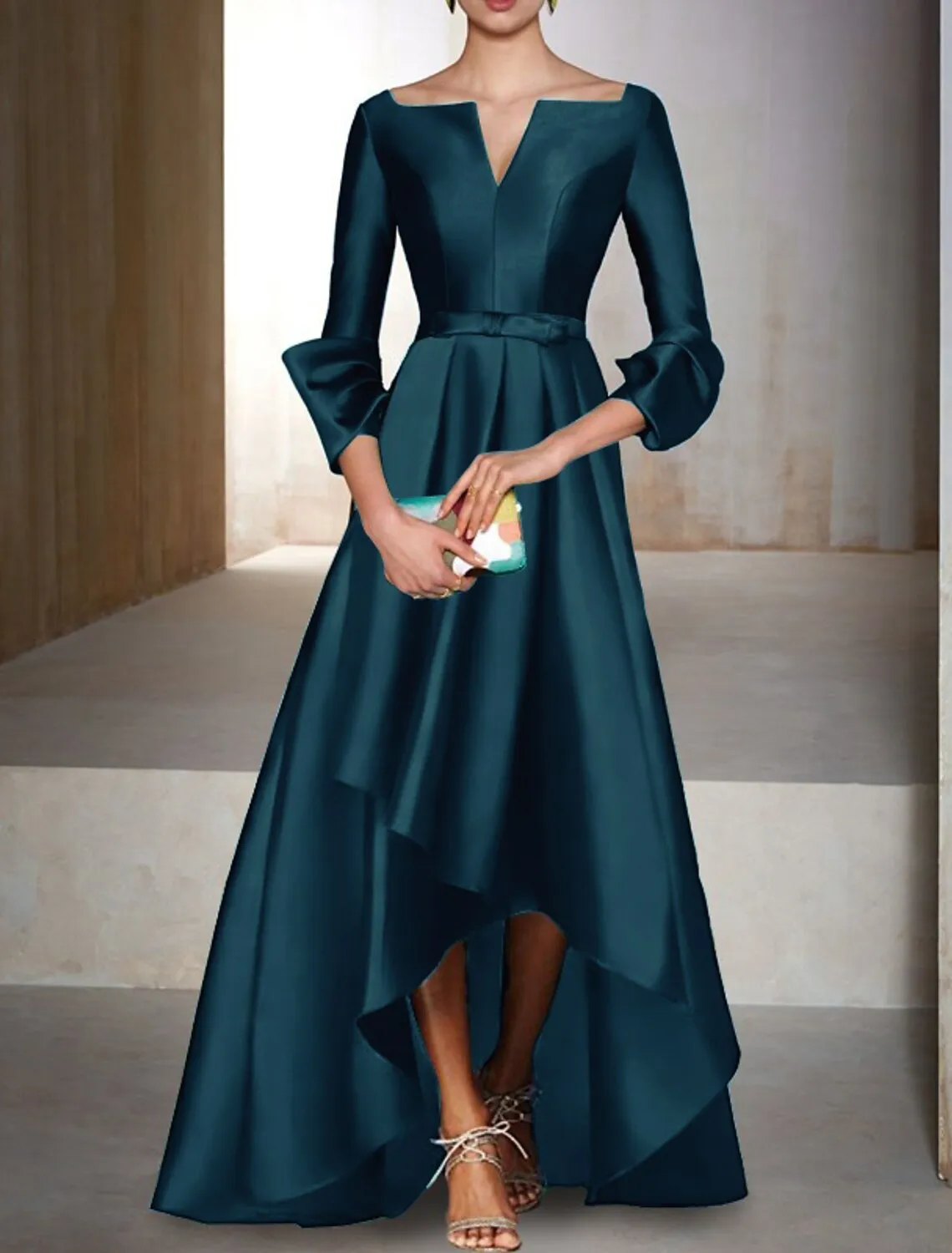 A-Line Evening Gown Elegant Dress Red Green Dress Formal Wedding Guest Floor Length 3/4 Length Sleeve V Neck Satin with Bow(s)