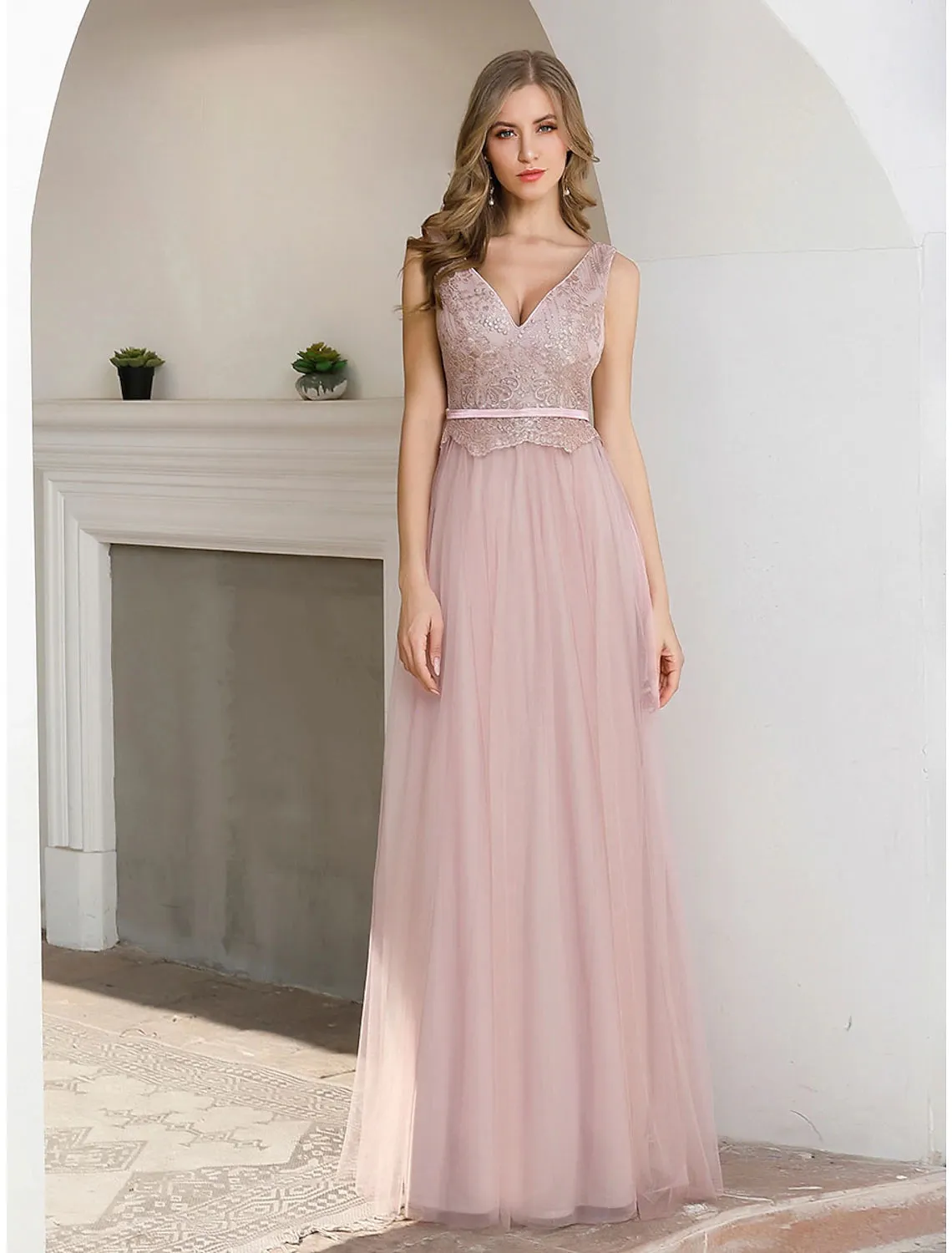 A-Line Evening Gown Elegant Dress Wedding Guest Formal Evening Floor Length Sleeveless V Neck Satin V Back with Sash / Ribbon Sequin