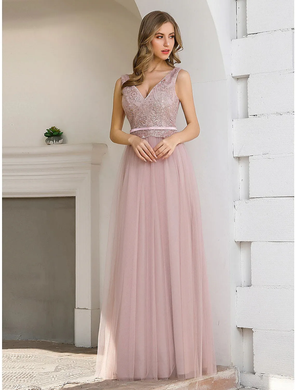 A-Line Evening Gown Elegant Dress Wedding Guest Formal Evening Floor Length Sleeveless V Neck Satin V Back with Sash / Ribbon Sequin