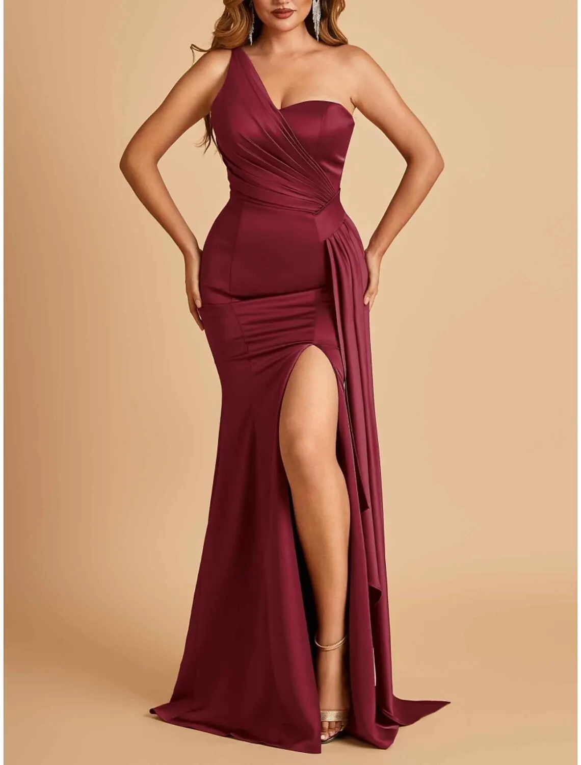 A-Line Evening Gown High Split Dress Formal Sweep / Brush Train Sleeveless One Shoulder Satin with Pleats Slit