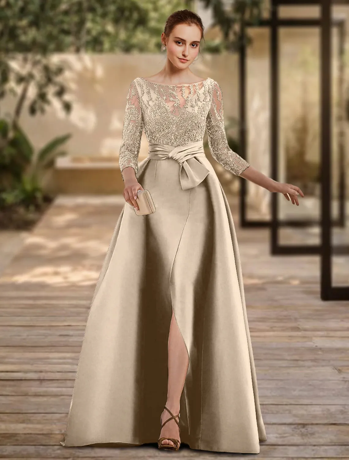 A-Line Evening Gown Open Back Dress Formal Wedding Guest Floor Length 3/4 Length Sleeve Scoop Neck Lace with Slit Strappy