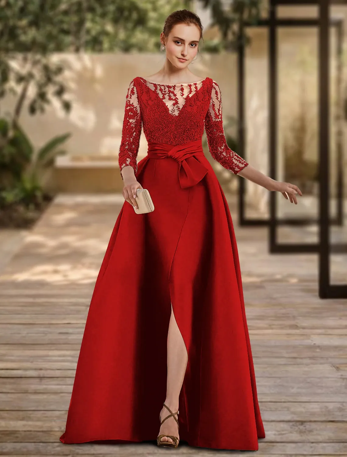 A-Line Evening Gown Open Back Dress Formal Wedding Guest Floor Length 3/4 Length Sleeve Scoop Neck Lace with Slit Strappy