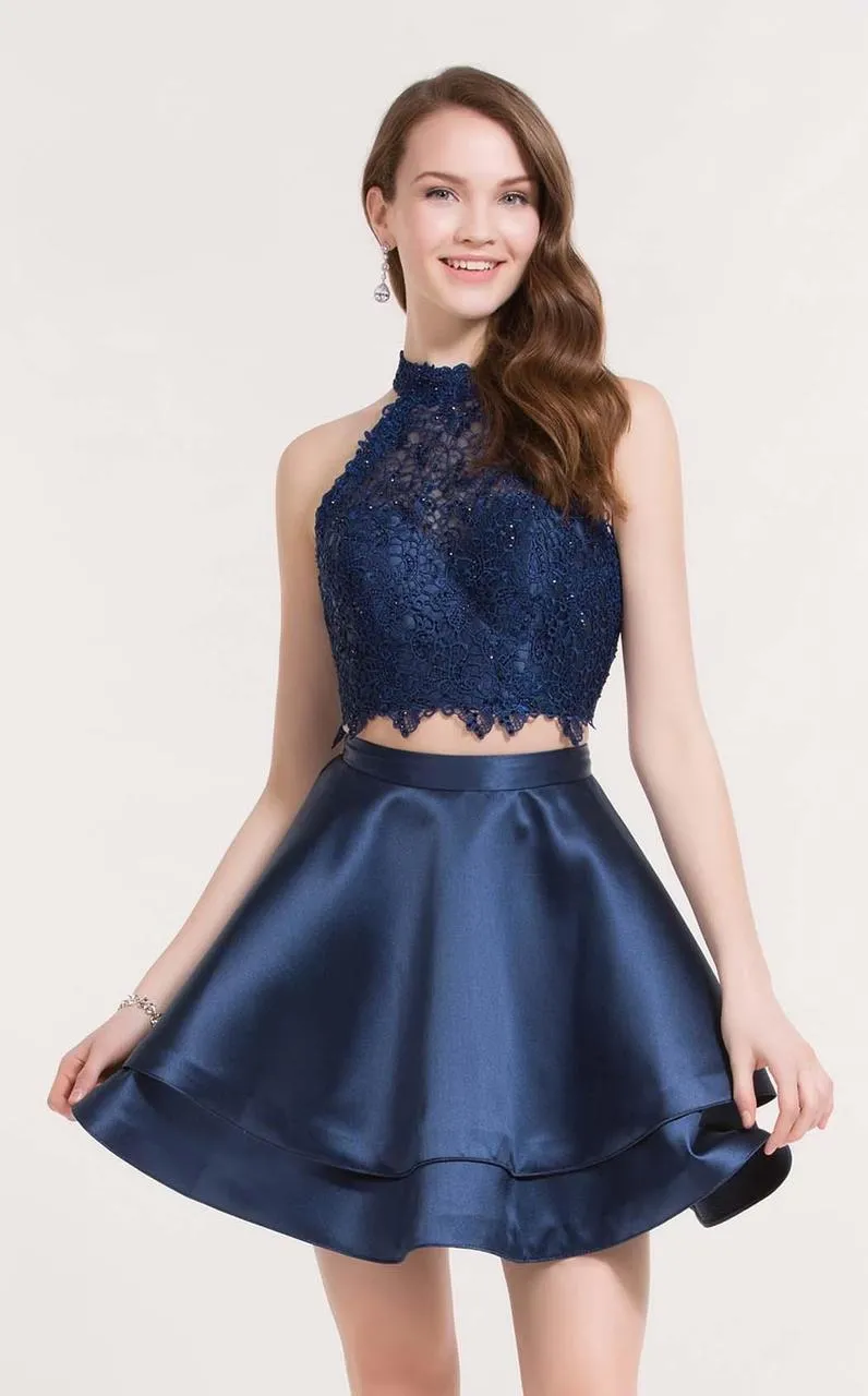 A-line Halter Mini Satin Short Two Piece Sky Blue Homecoming Dresses APD2664