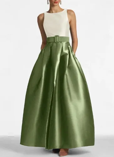 A-Line High Split Dress Floor Length Evening Gown Sleeveless Jewel Neck Belt / Sash Satin with Pleats Slit