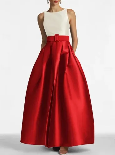 A-Line High Split Dress Floor Length Evening Gown Sleeveless Jewel Neck Belt / Sash Satin with Pleats Slit