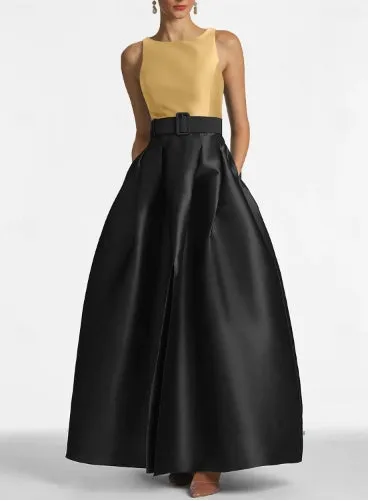 A-Line High Split Dress Floor Length Evening Gown Sleeveless Jewel Neck Belt / Sash Satin with Pleats Slit