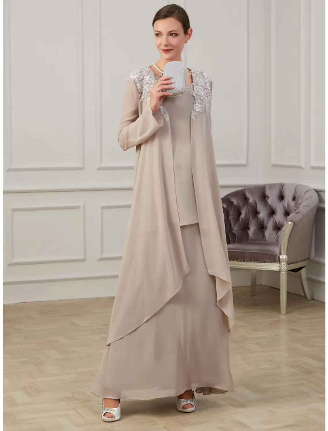 A-Line Mother of the Bride Dress Elegant Floor Length Chiffon Long Sleeve Jacket Dresses with Appliques