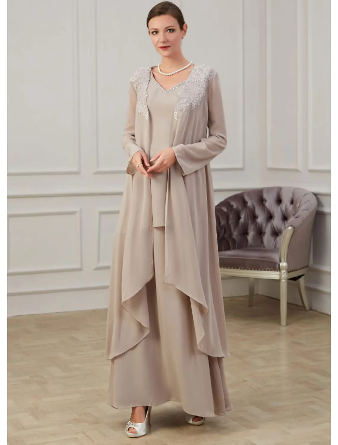 A-Line Mother of the Bride Dress Elegant Floor Length Chiffon Long Sleeve Jacket Dresses with Appliques