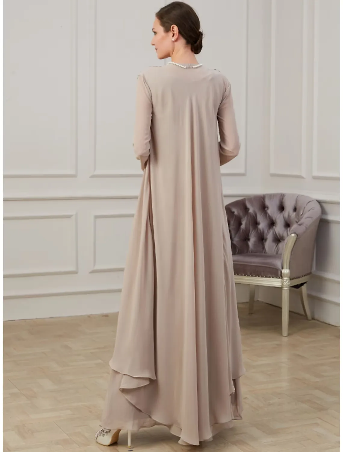 A-Line Mother of the Bride Dress Elegant Floor Length Chiffon Long Sleeve Jacket Dresses with Appliques