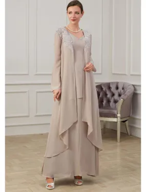 A-Line Mother of the Bride Dress Elegant Floor Length Chiffon Long Sleeve Jacket Dresses with Appliques