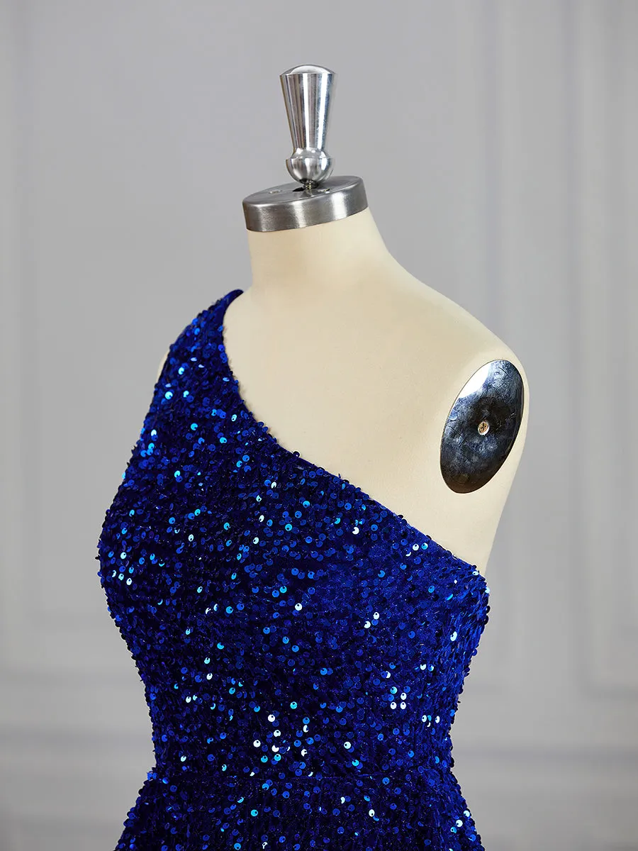 A-line One-Shoulder Sequin Short/Mini Velvet Sequins Dress