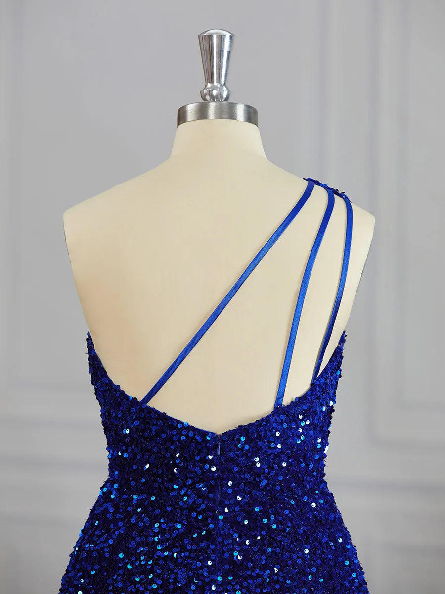 A-line One-Shoulder Sequin Short/Mini Velvet Sequins Dress