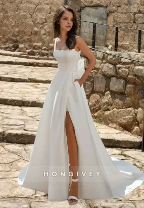 A-Line Square Satin Wedding Dresses with Bow Formal Backless Side Slit Straps Bridal Dress