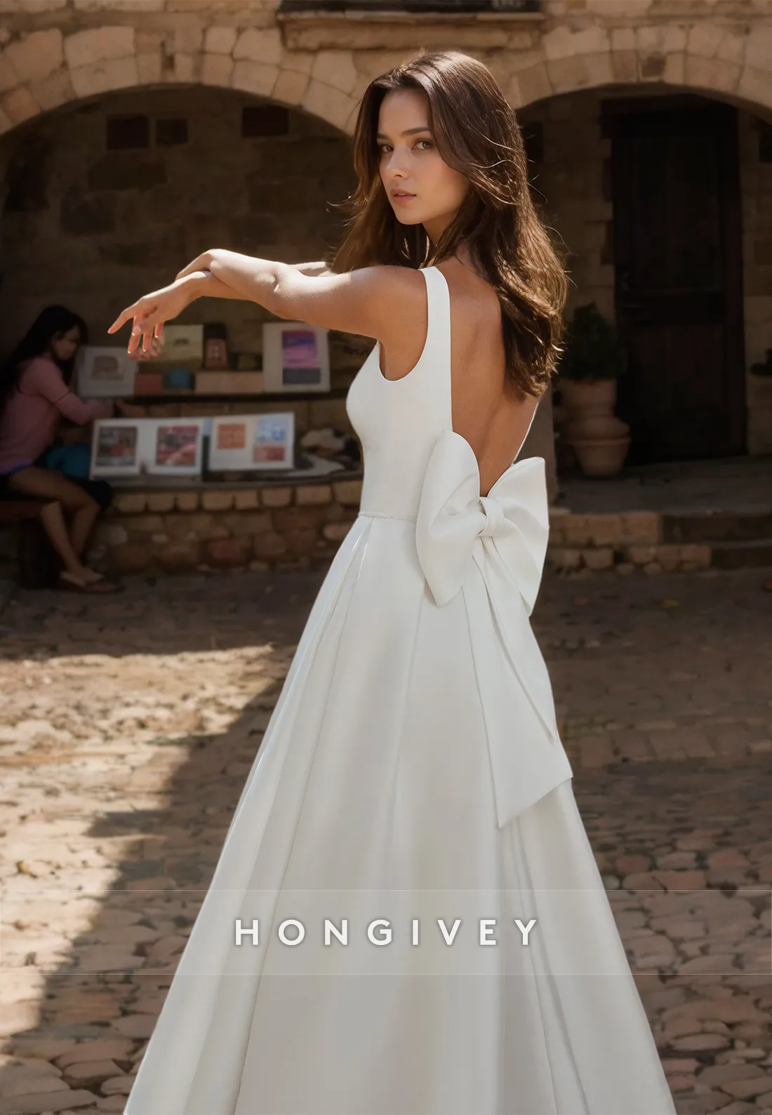 A-Line Square Satin Wedding Dresses with Bow Formal Backless Side Slit Straps Bridal Dress