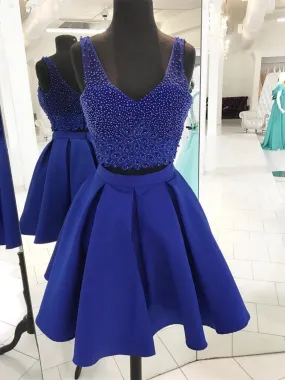 A-line Sweetheart Mini Satin Short Royal Blue Homecoming Dresses With Rhine Stones APD2723