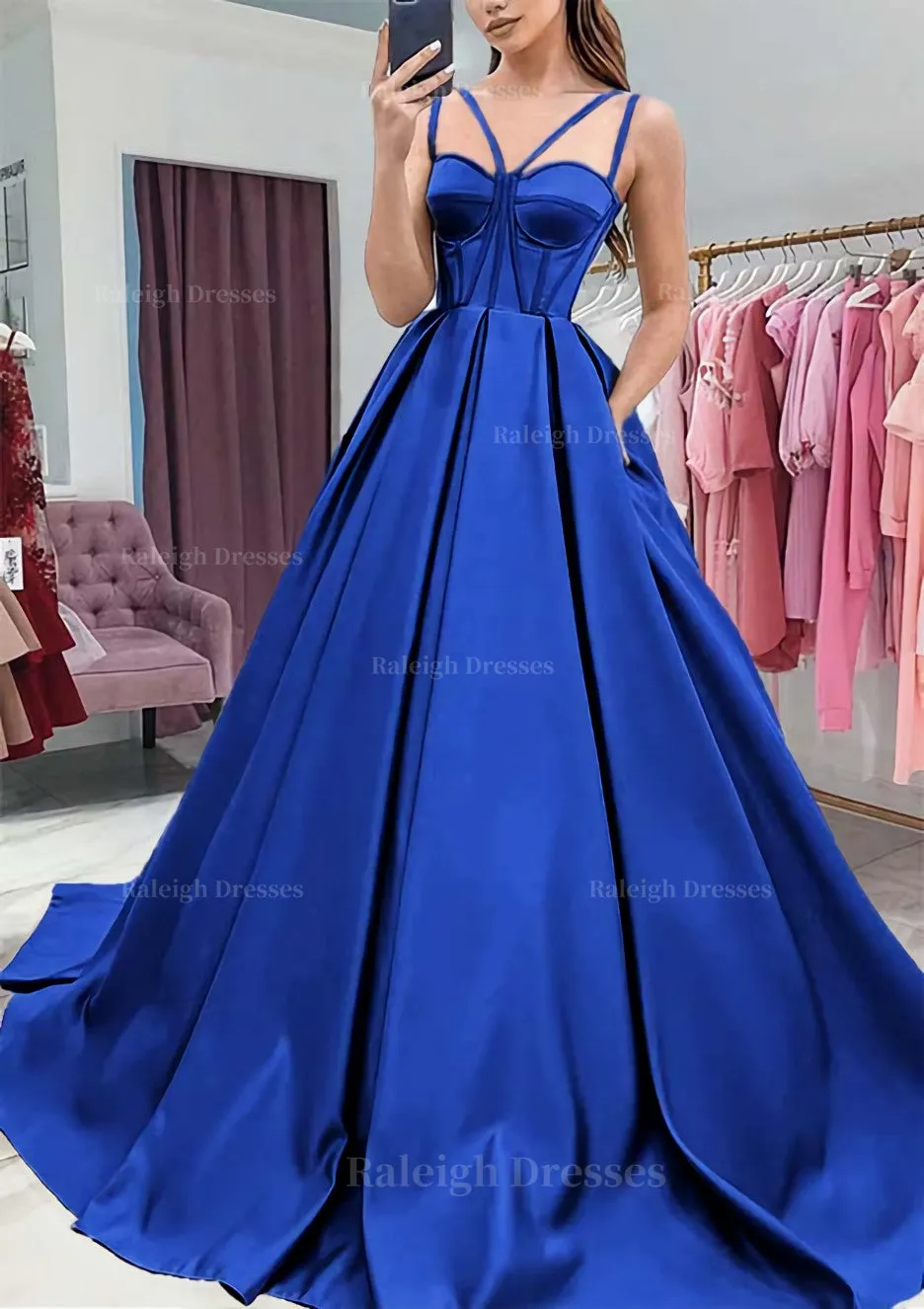 A-line Sweetheart Sleeveless Satin Sweep Train Prom Dress With Pockets