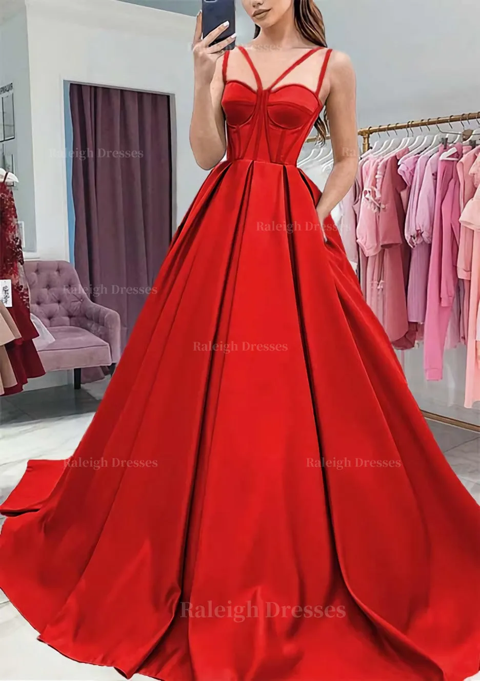 A-line Sweetheart Sleeveless Satin Sweep Train Prom Dress With Pockets