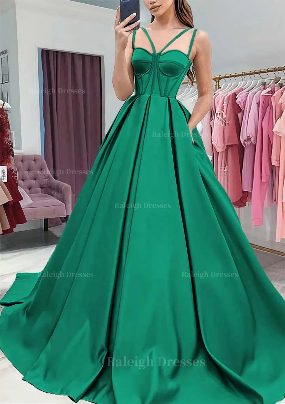 A-line Sweetheart Sleeveless Satin Sweep Train Prom Dress With Pockets