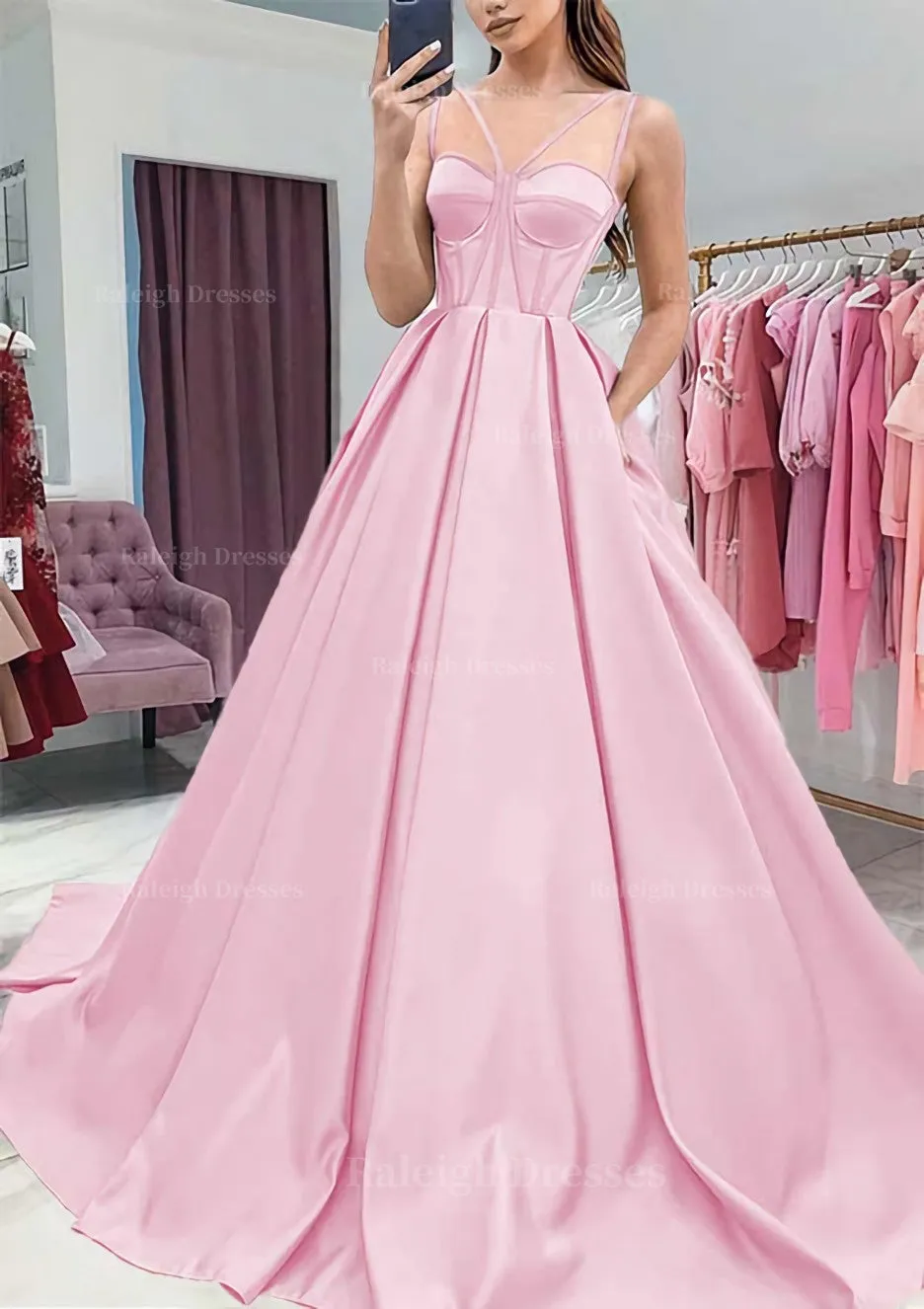 A-line Sweetheart Sleeveless Satin Sweep Train Prom Dress With Pockets