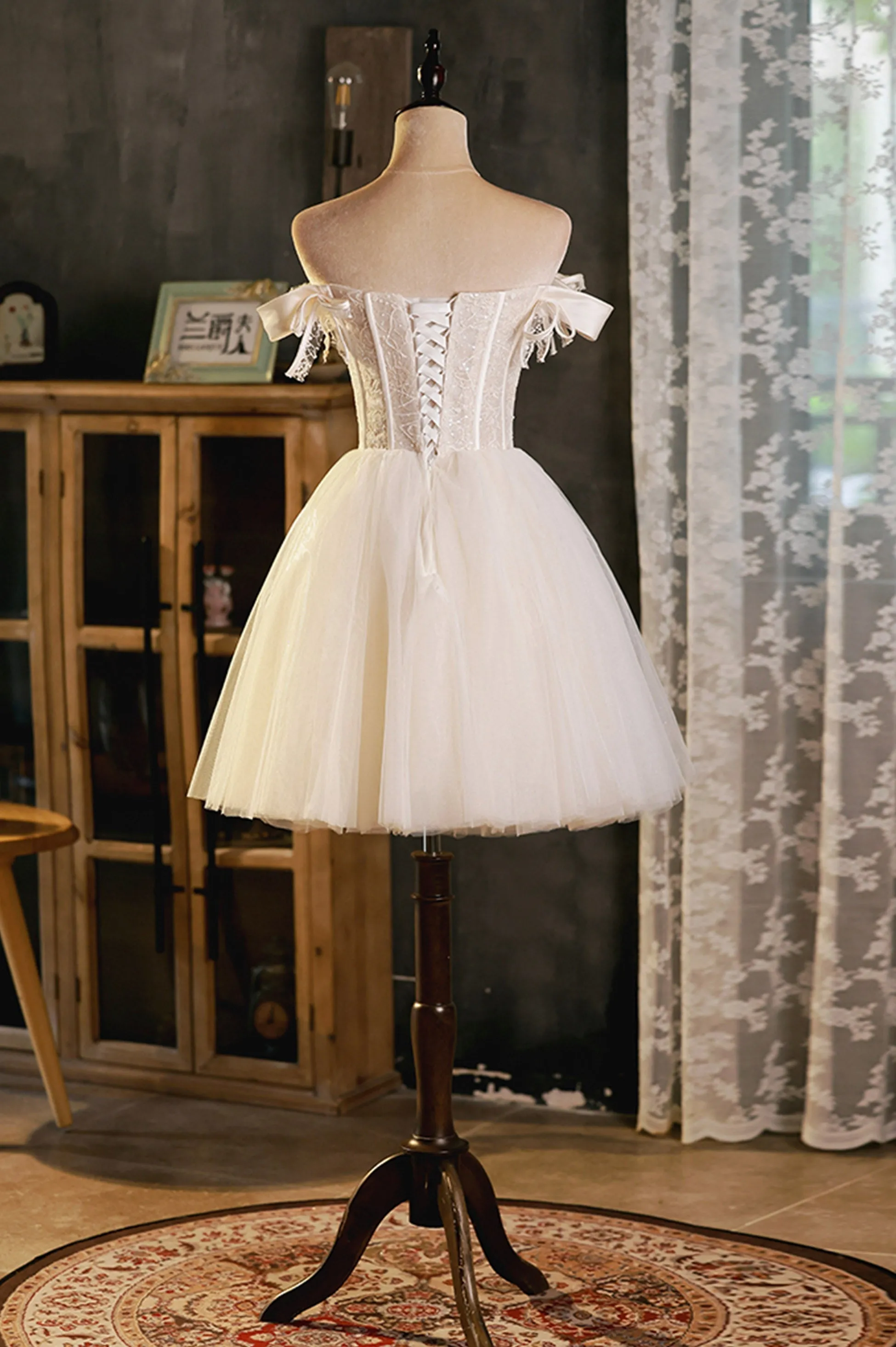 A-Line Tulle Short Prom Dress, Cute Champagne Off the Shoulder Party Dresses