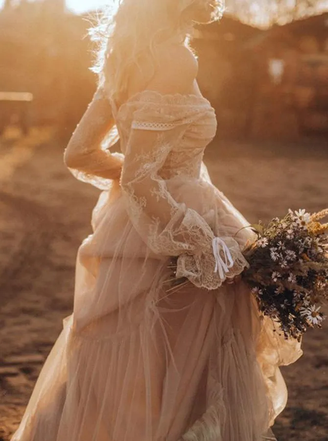 A Line V-neck Flowy Tulle Long Sleeves Floor Length Wedding Dress