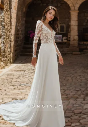 A-Line V Neck Lace Full Sleeves Wedding Dress Long Train Chiffon Luxurious Boho Wedding Dress