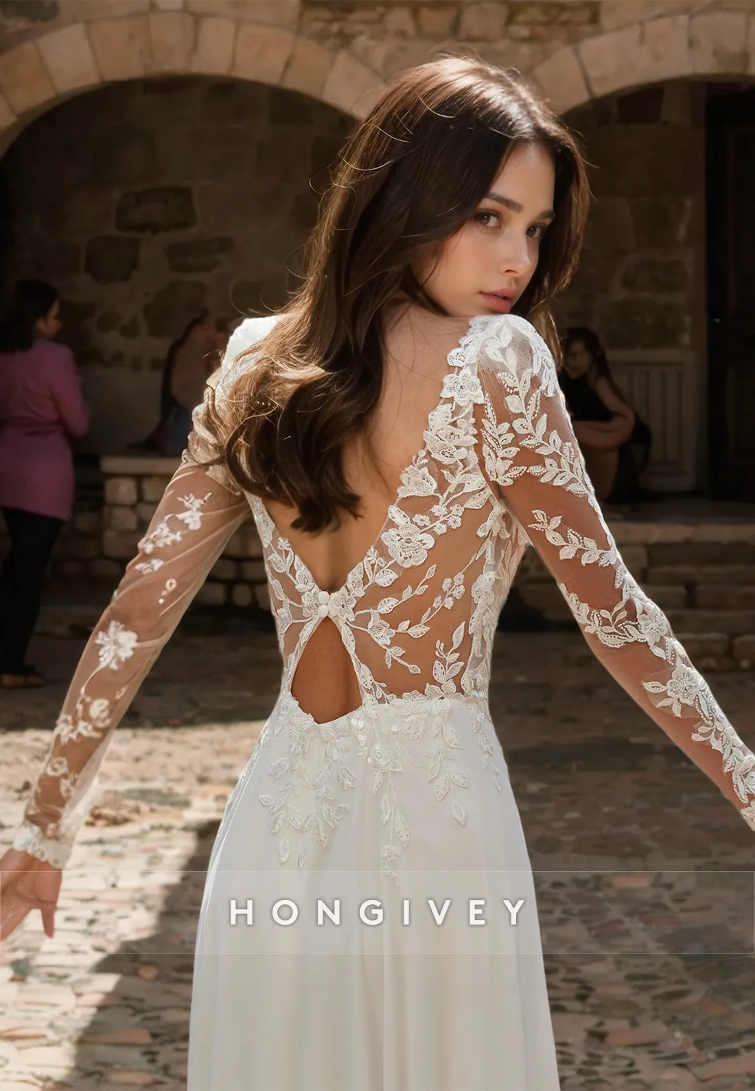 A-Line V Neck Lace Full Sleeves Wedding Dress Long Train Chiffon Luxurious Boho Wedding Dress