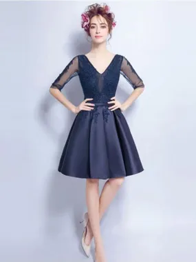 A-line V-Neck Mini Satin Short Appliqued Homecoming Dresses APD2764