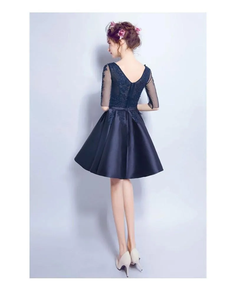 A-line V-Neck Mini Satin Short Appliqued Homecoming Dresses APD2764