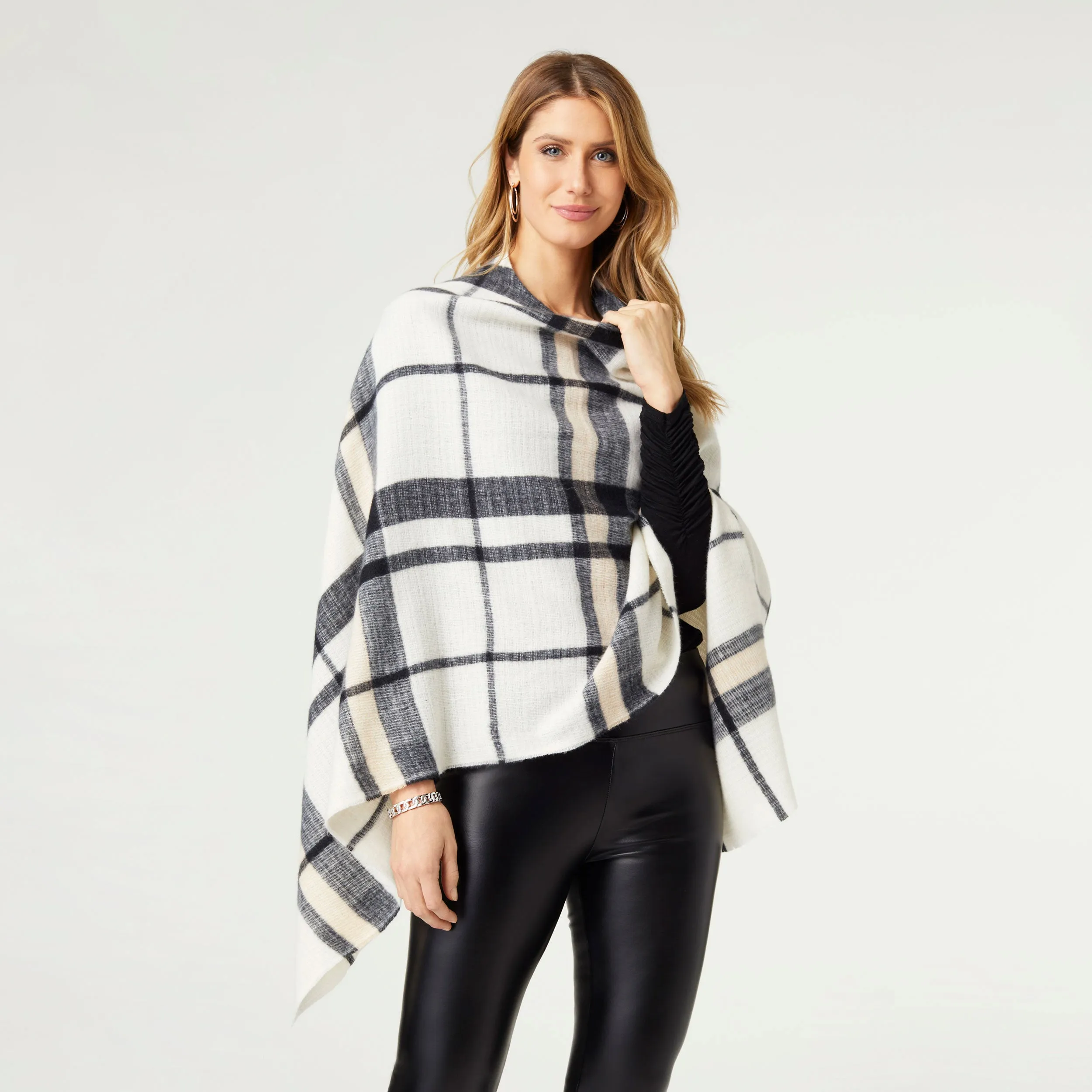 Adela Supersoft Plaid Poncho with Buttons - Cream/Black