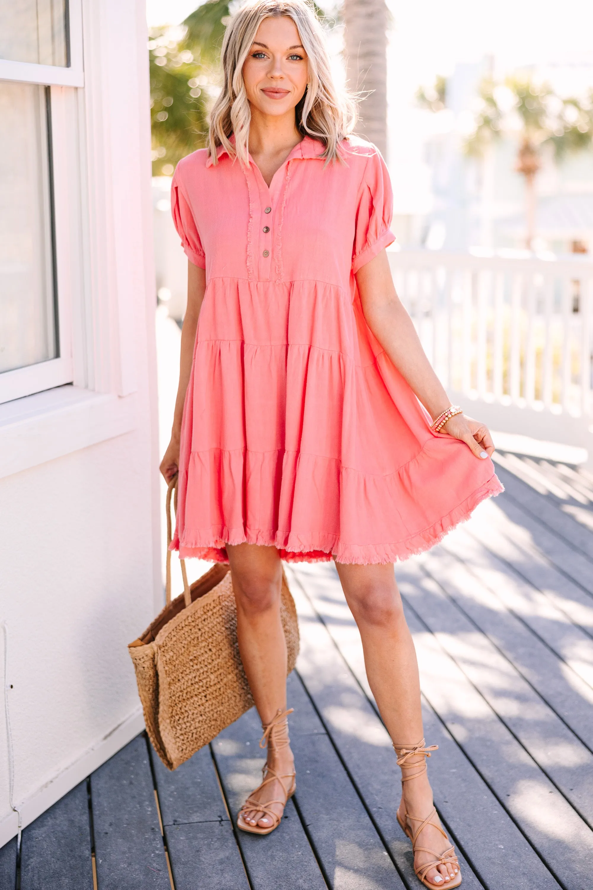 All Together Coral Pink Linen Dress