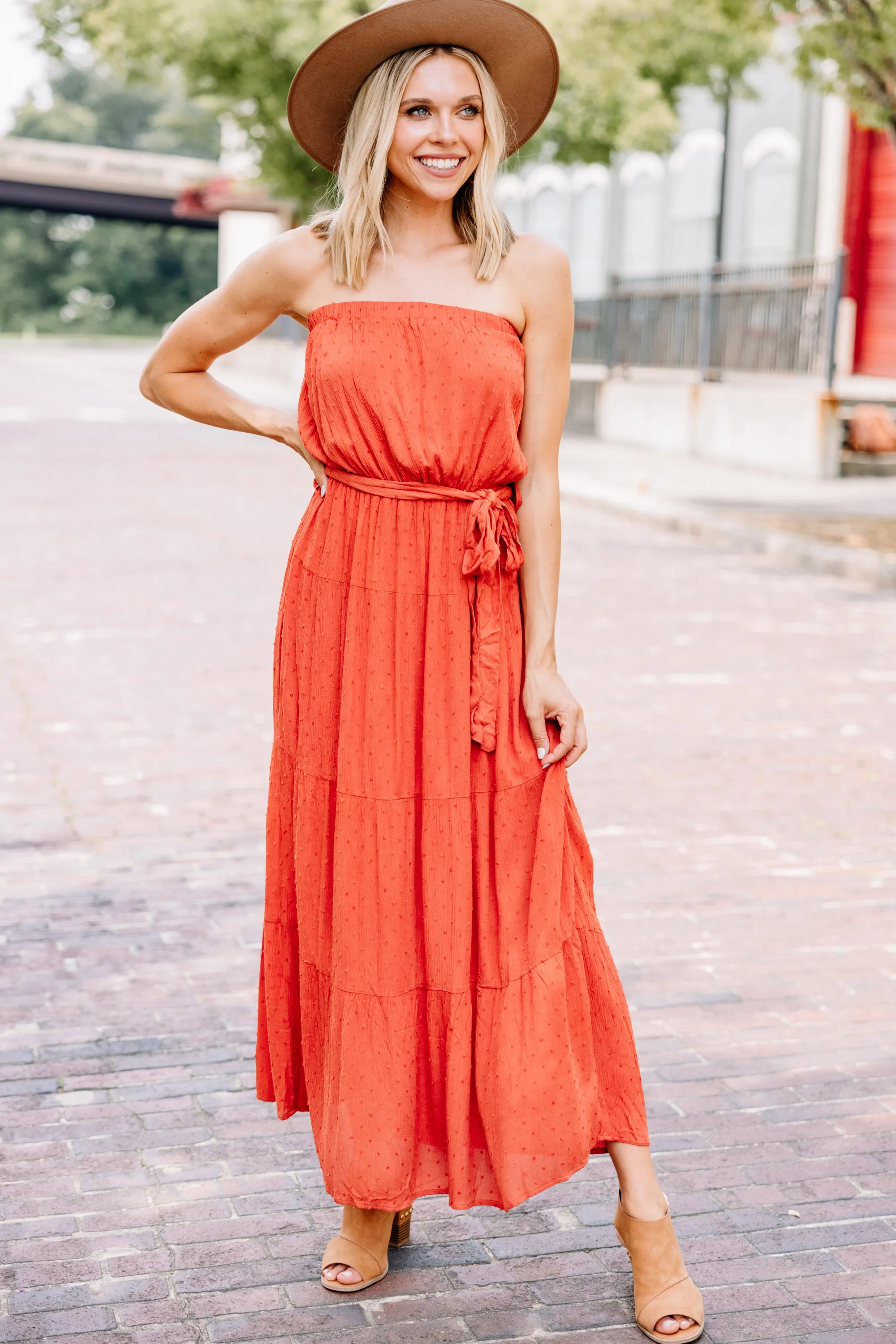 All Up To You Coral Orange Swiss Dot Maxi Dress