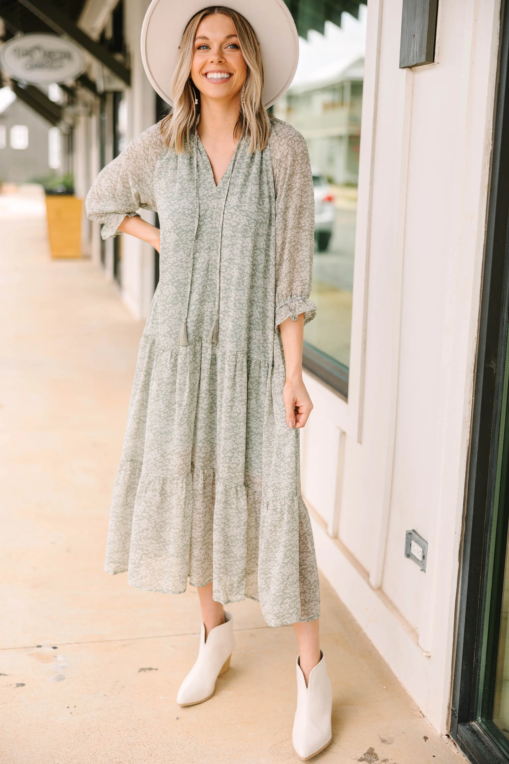 All Worth It Sage Green Ditsy Floral Midi Dress