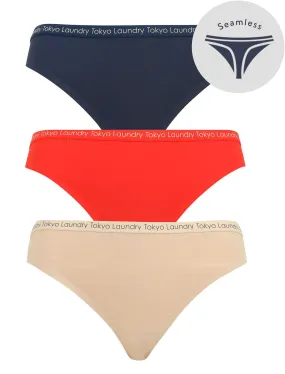 Almeria (3 Pack) No VPL Seam Free Assorted Thongs in Midnight Blue / Lollipop Red / Nude - Tokyo Laundry