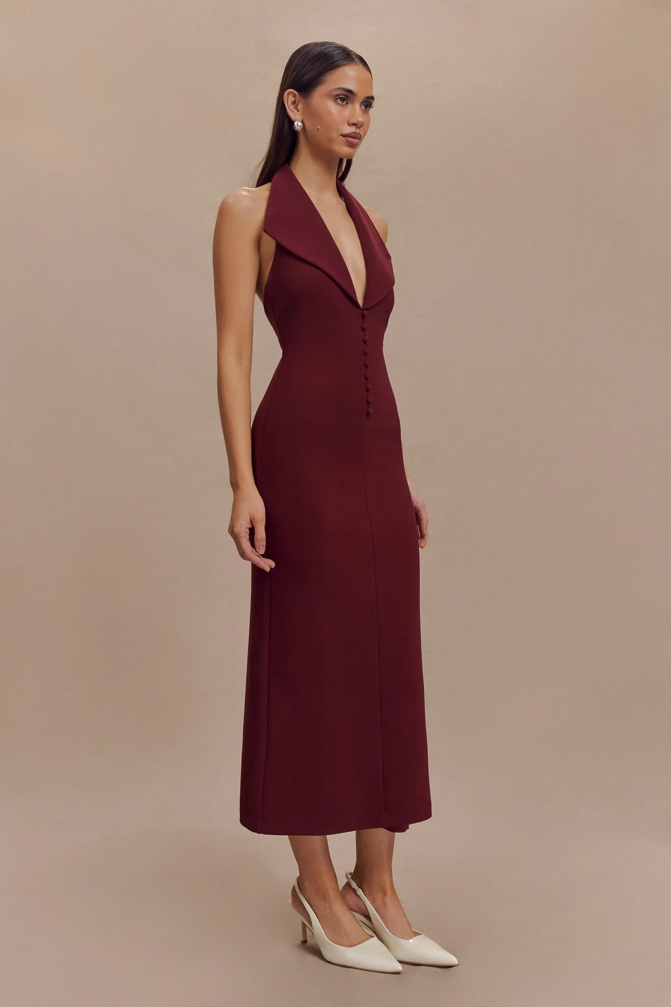 Annita Crepe Halter Midi Dress - Merlot