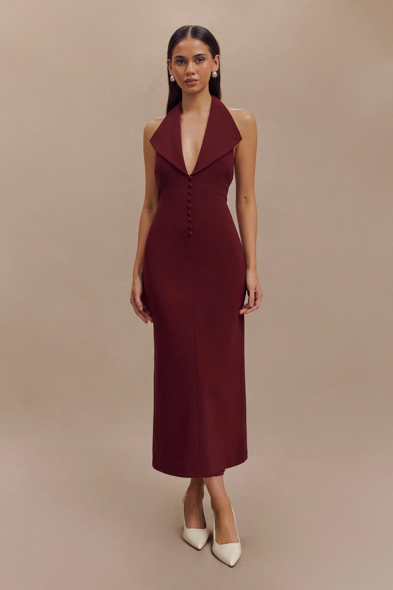 Annita Crepe Halter Midi Dress - Merlot