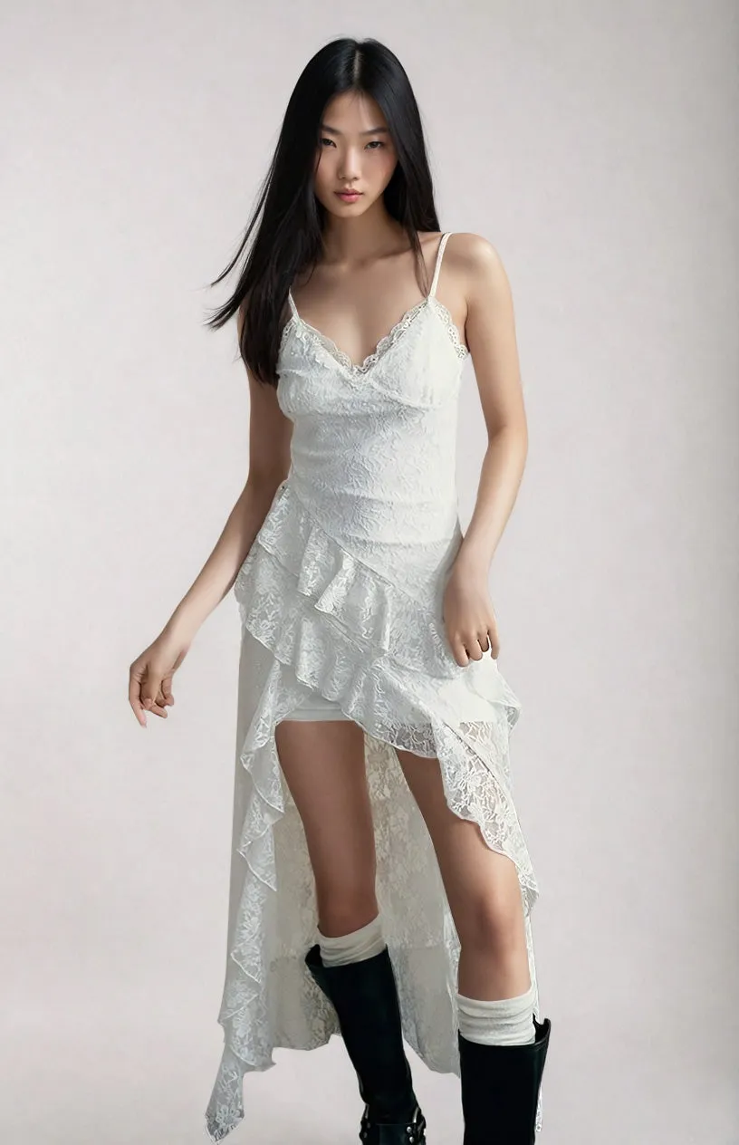 Asymmetric Lace Overlay Spaghetti Strap Dress