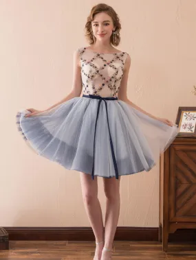 Bateau Sleeveless Tulle Short Homecoming Dress Graduation DressWith Beading AS14619