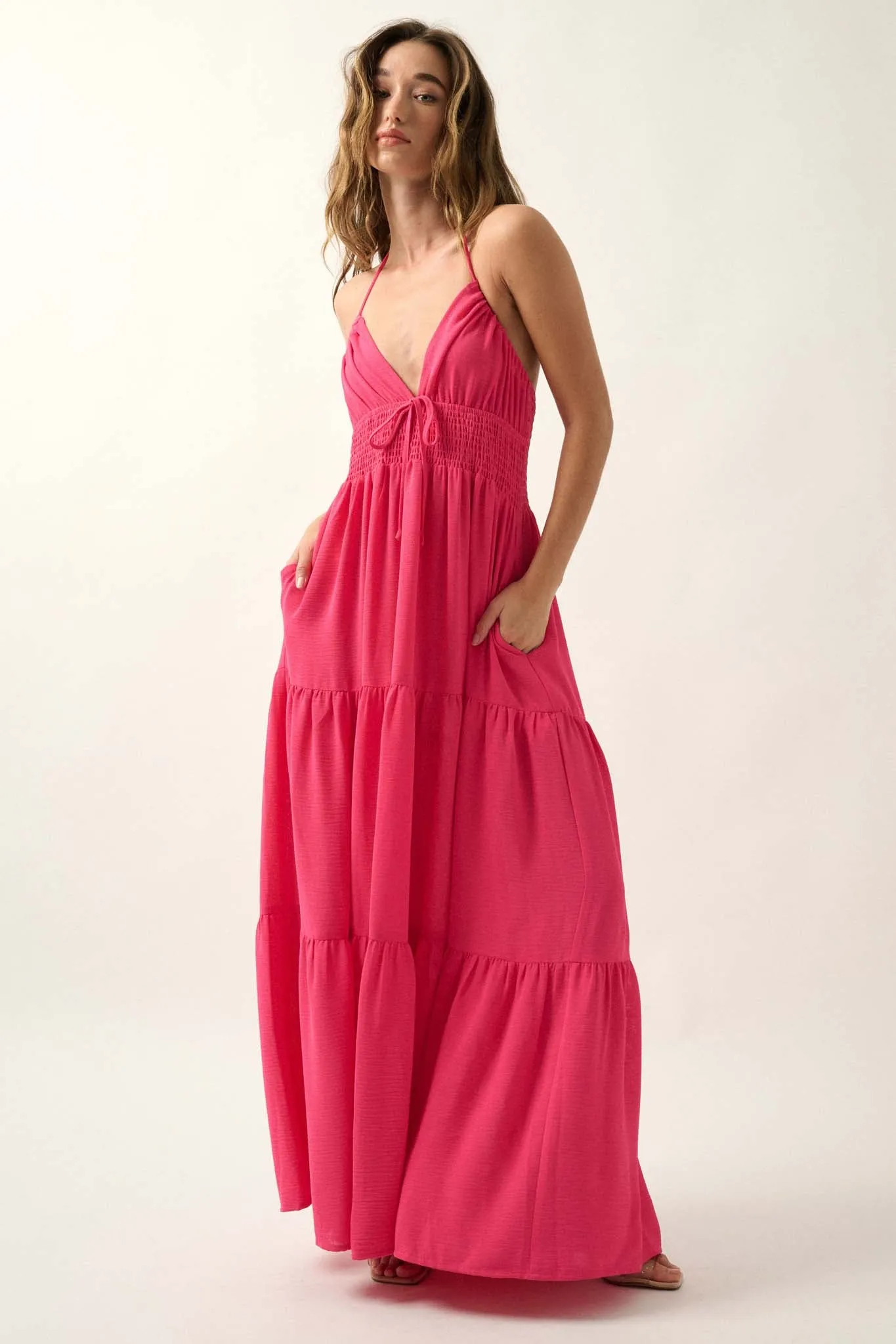 Beautiful You Tiered Crepe Halter Maxi Dress