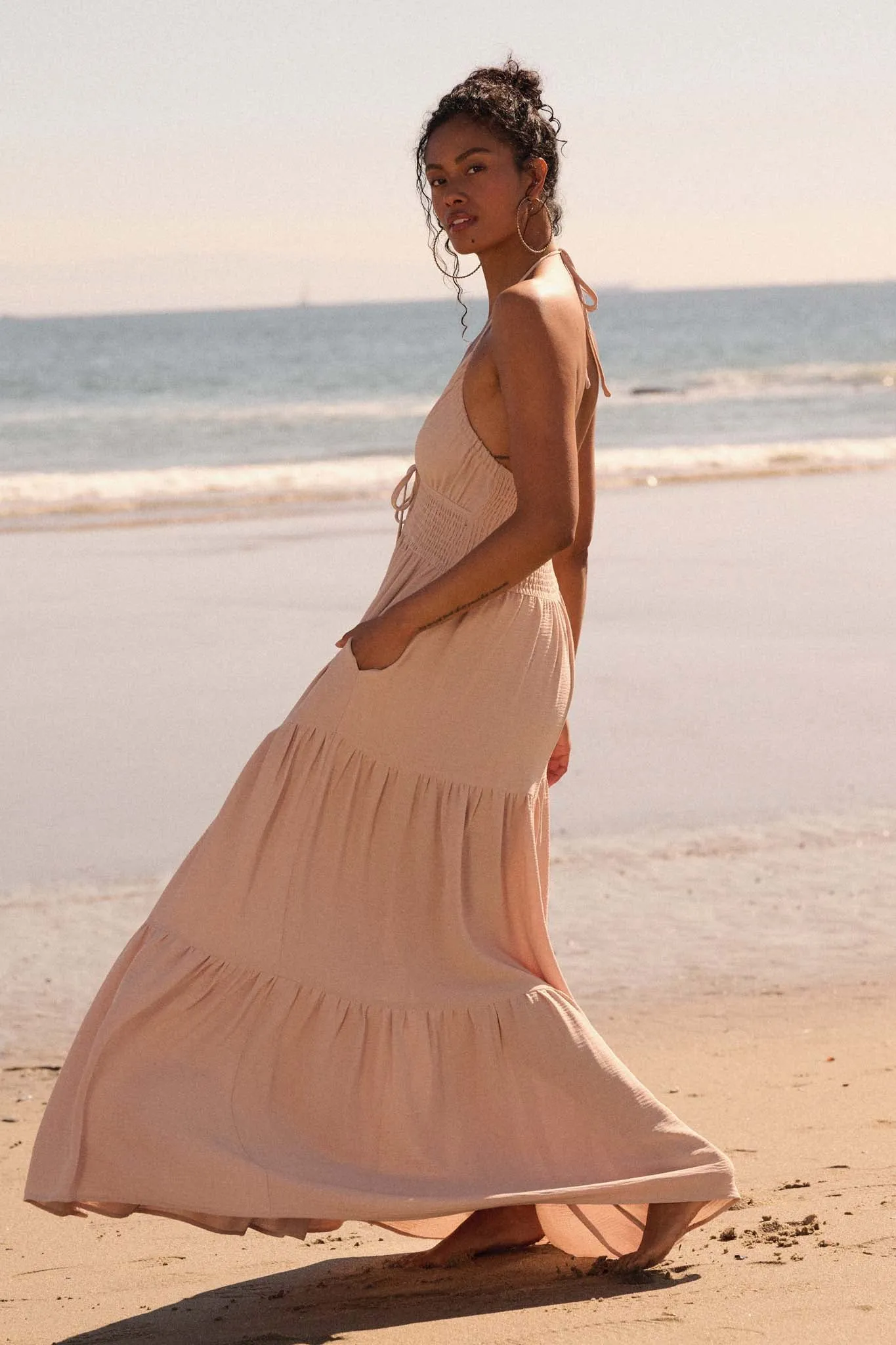 Beautiful You Tiered Crepe Halter Maxi Dress