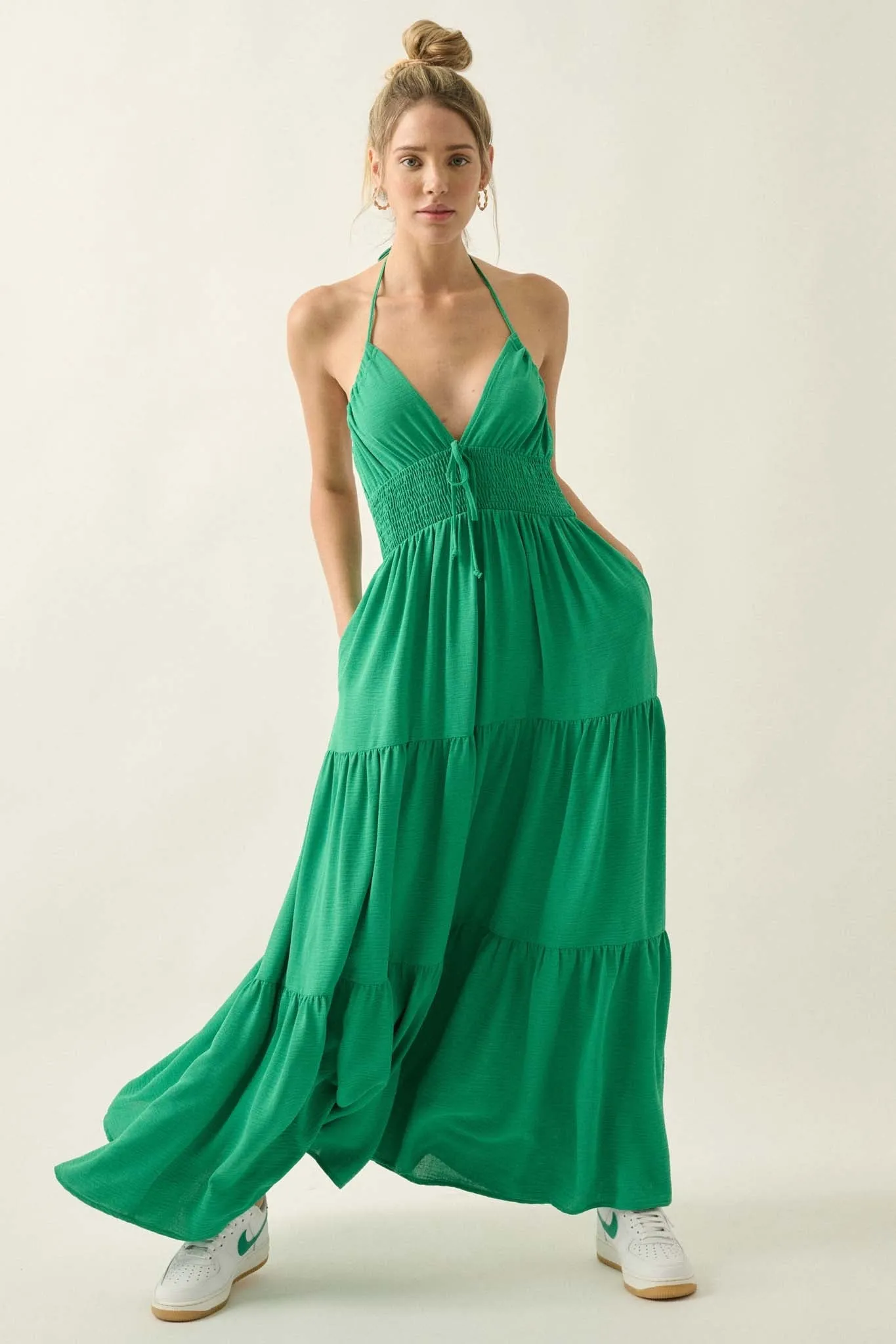 Beautiful You Tiered Crepe Halter Maxi Dress