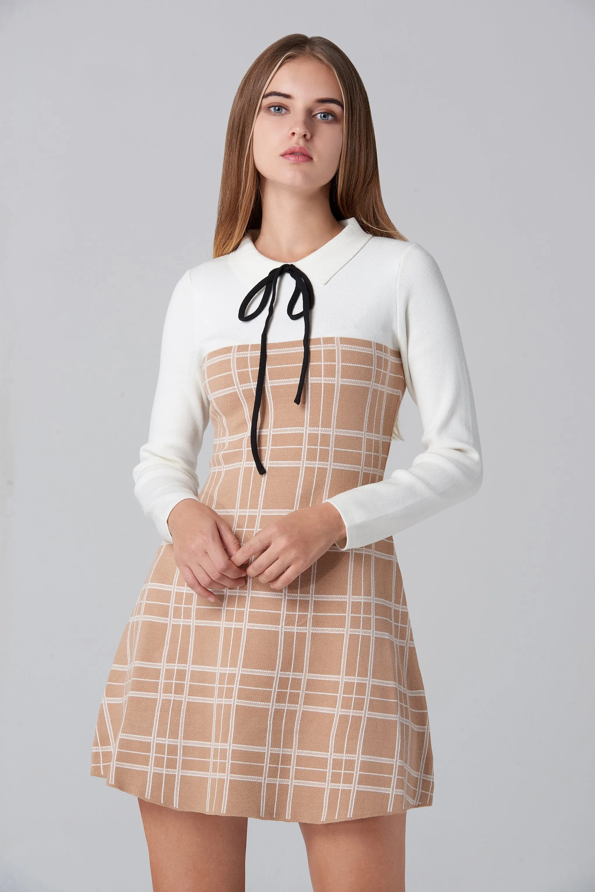 Beige and White Plaid Knit Sleeved Midi Dress