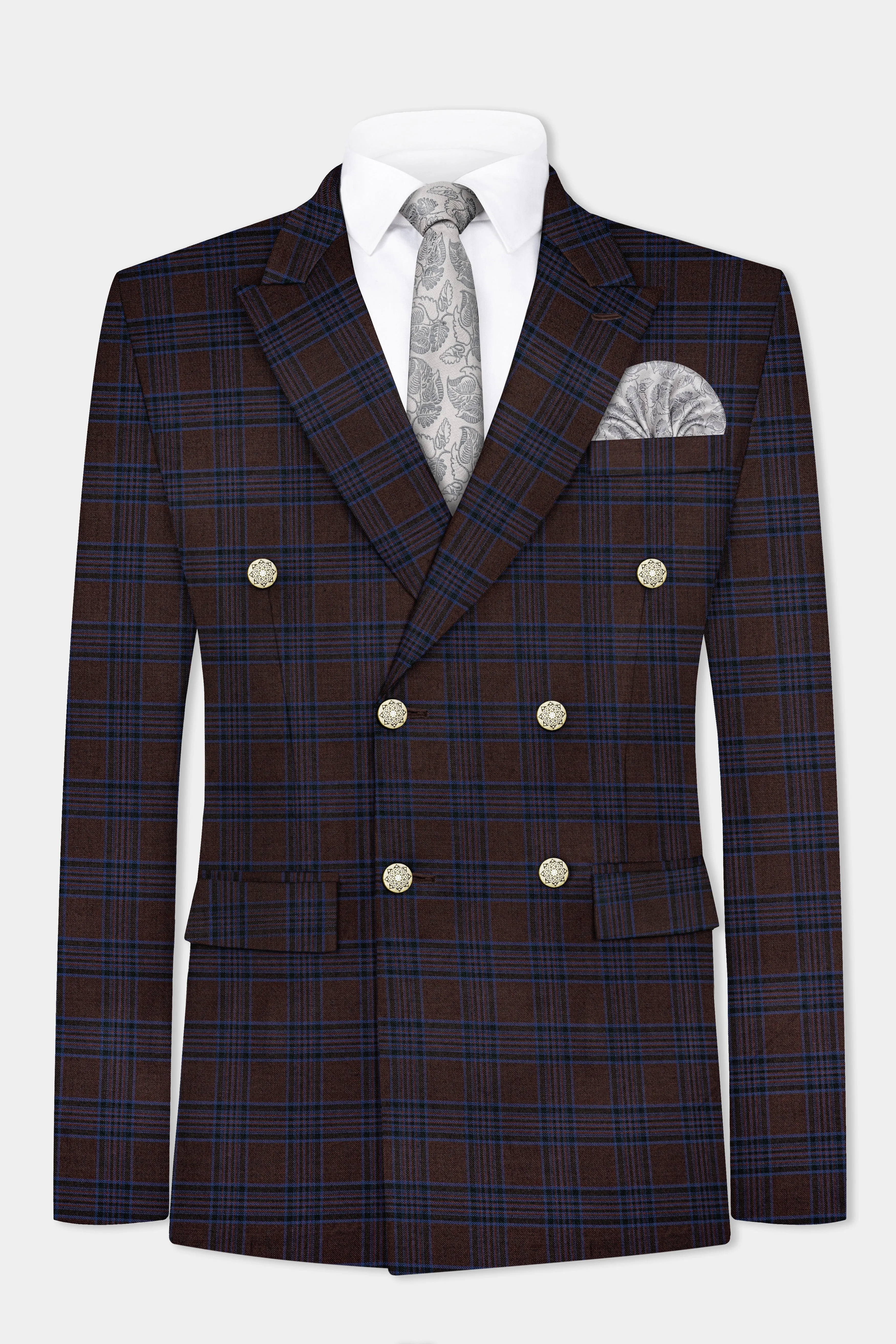 Bistre Brown with Nile Blue Plaid Wool Blend Double Breasted Blazer