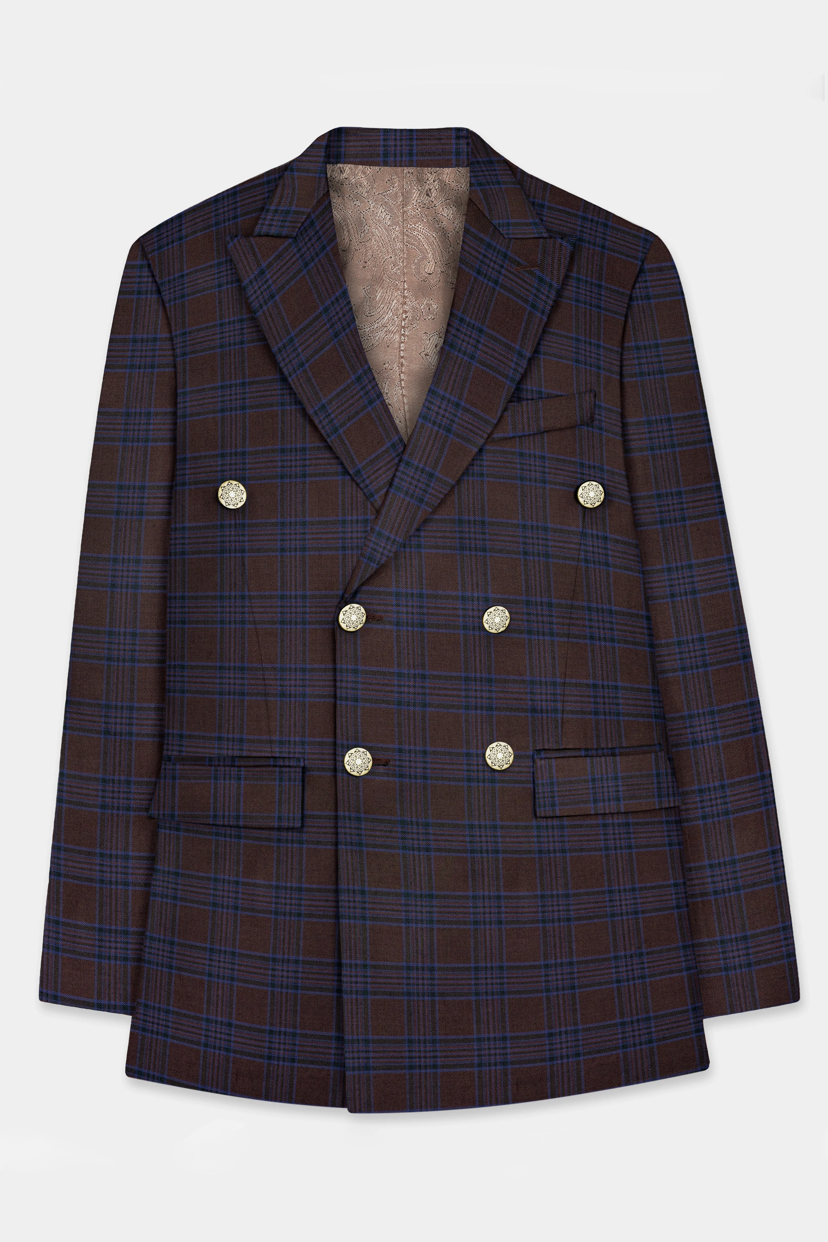 Bistre Brown with Nile Blue Plaid Wool Blend Double Breasted Blazer