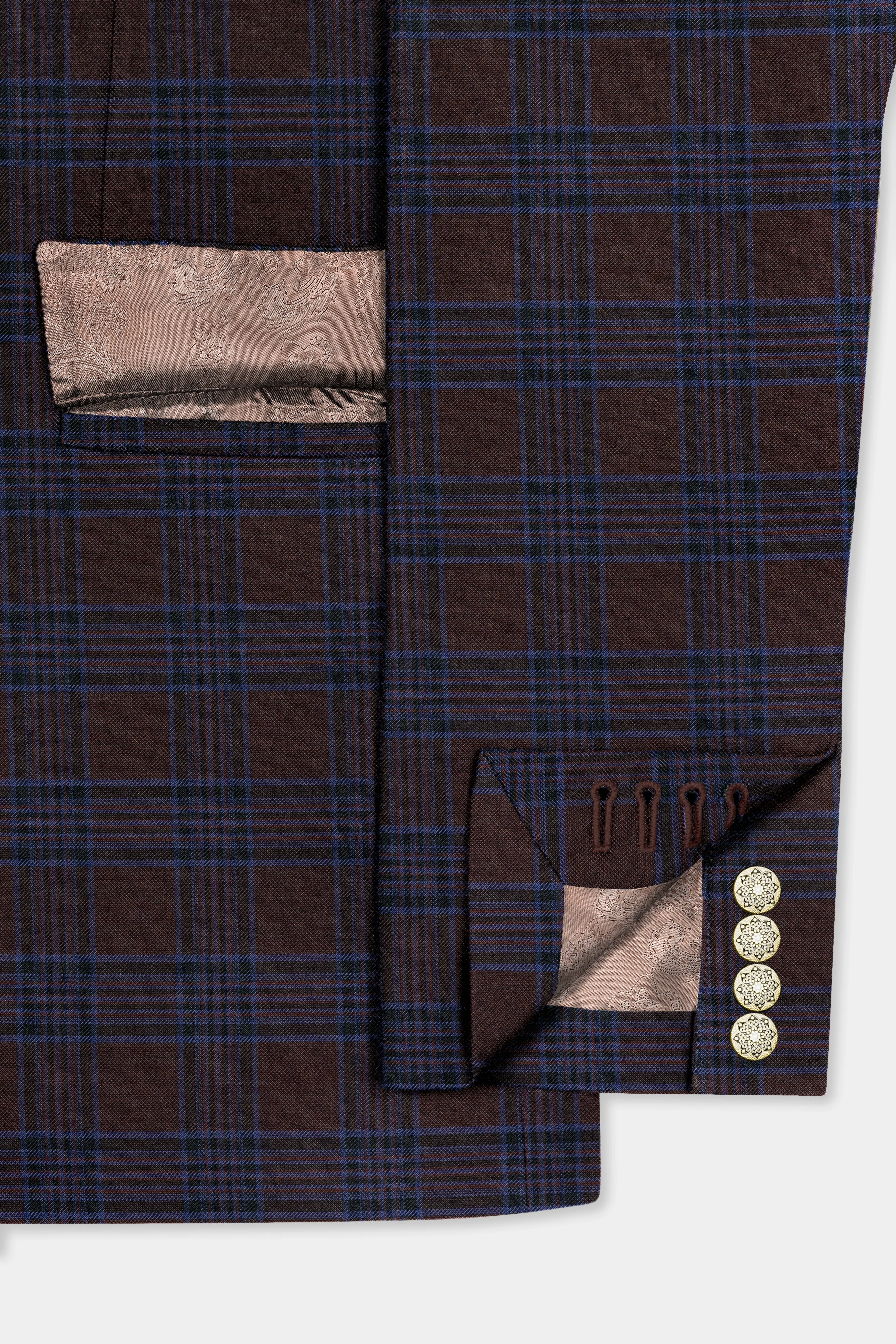 Bistre Brown with Nile Blue Plaid Wool Blend Double Breasted Blazer