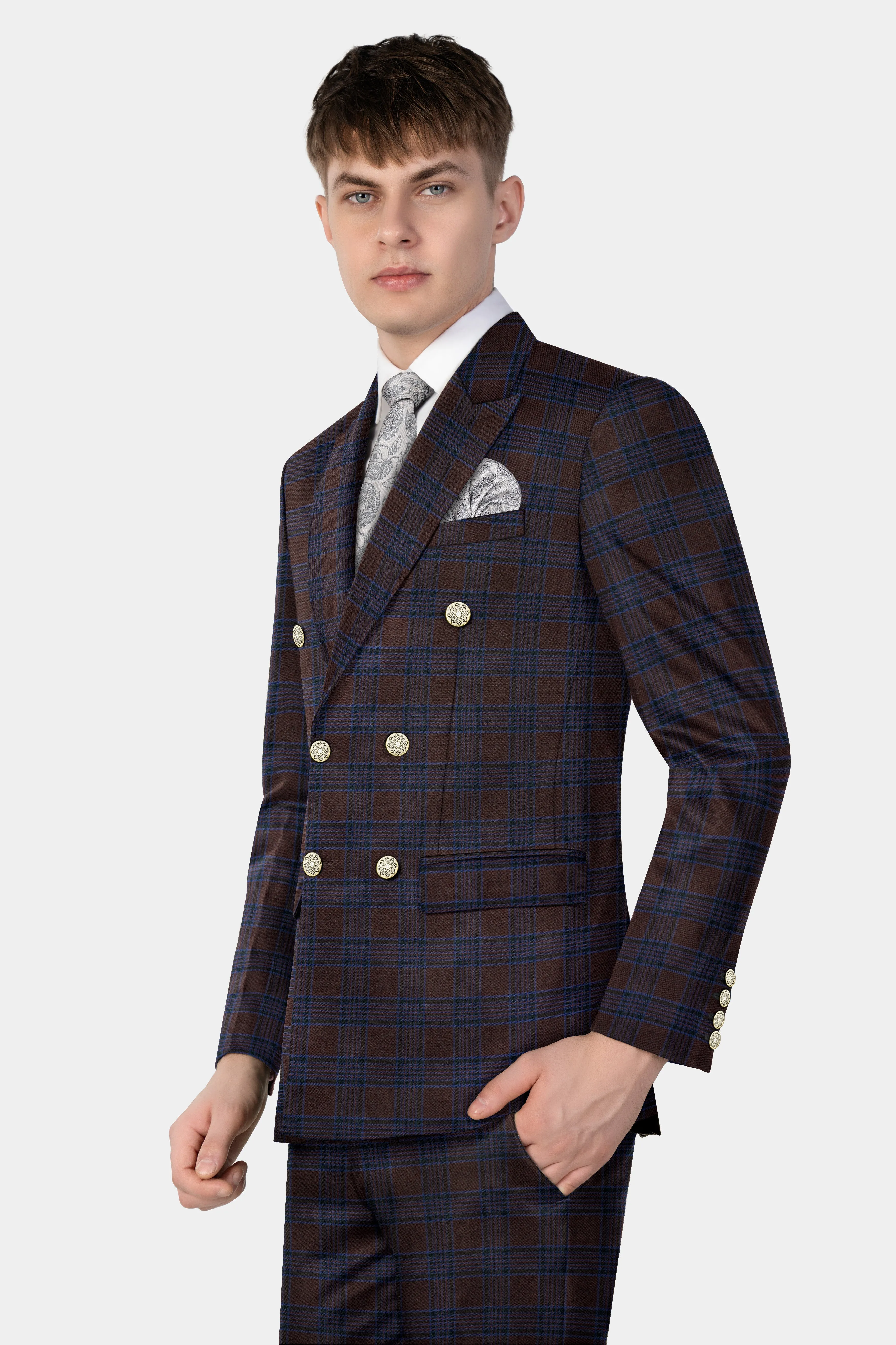 Bistre Brown with Nile Blue Plaid Wool Blend Double Breasted Blazer