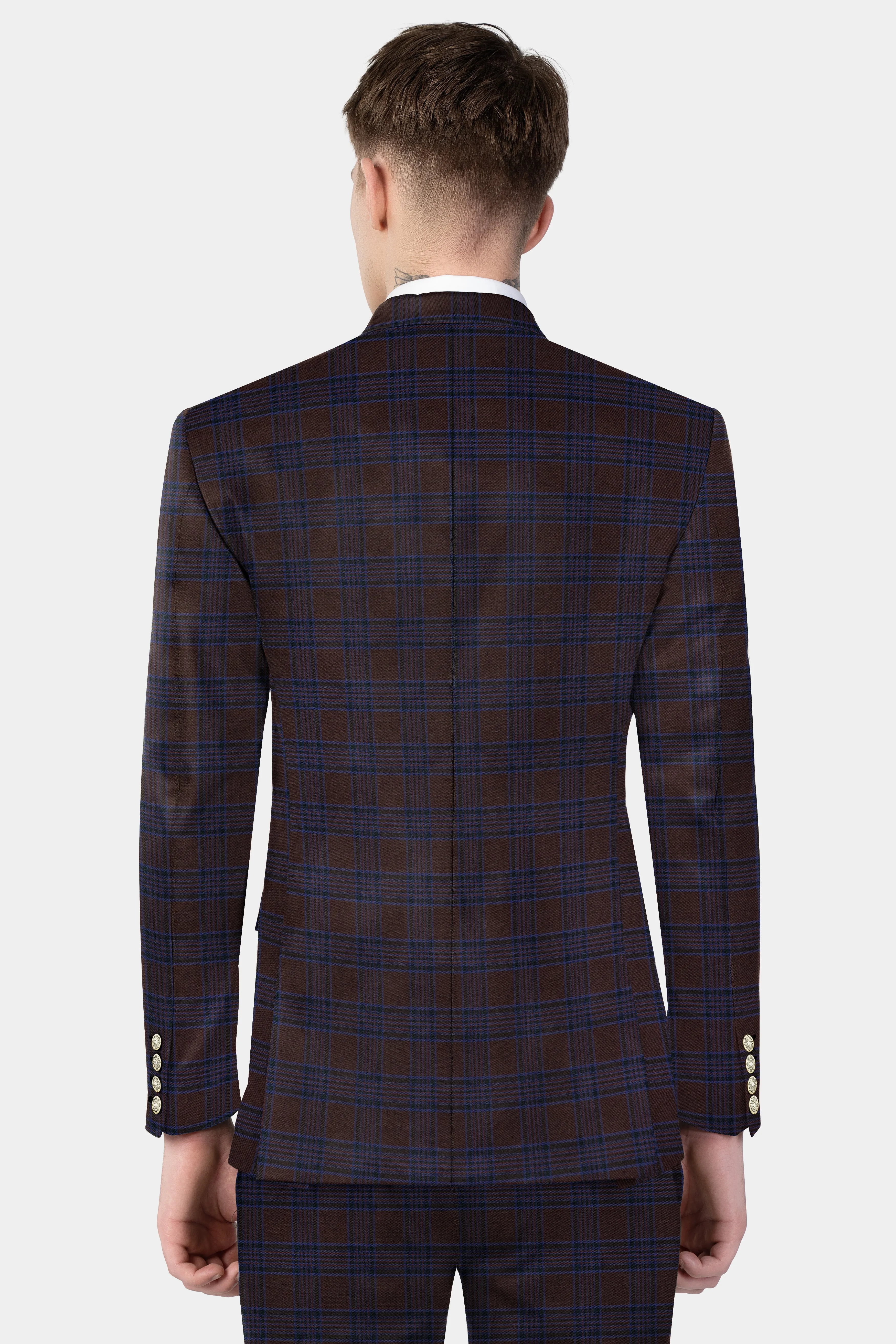 Bistre Brown with Nile Blue Plaid Wool Blend Double Breasted Blazer