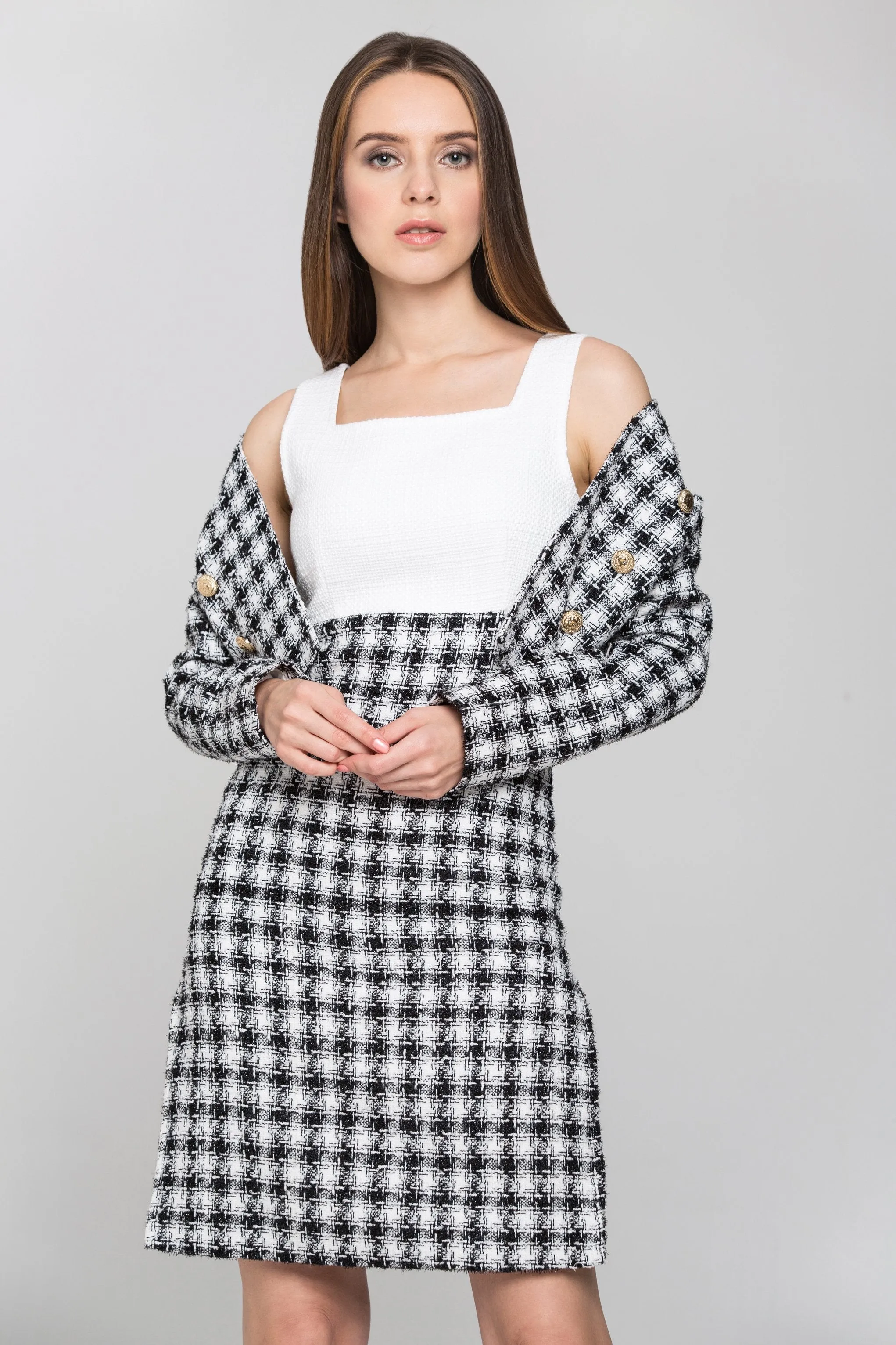 Black and White Check Tweed Dress and Blazer Set