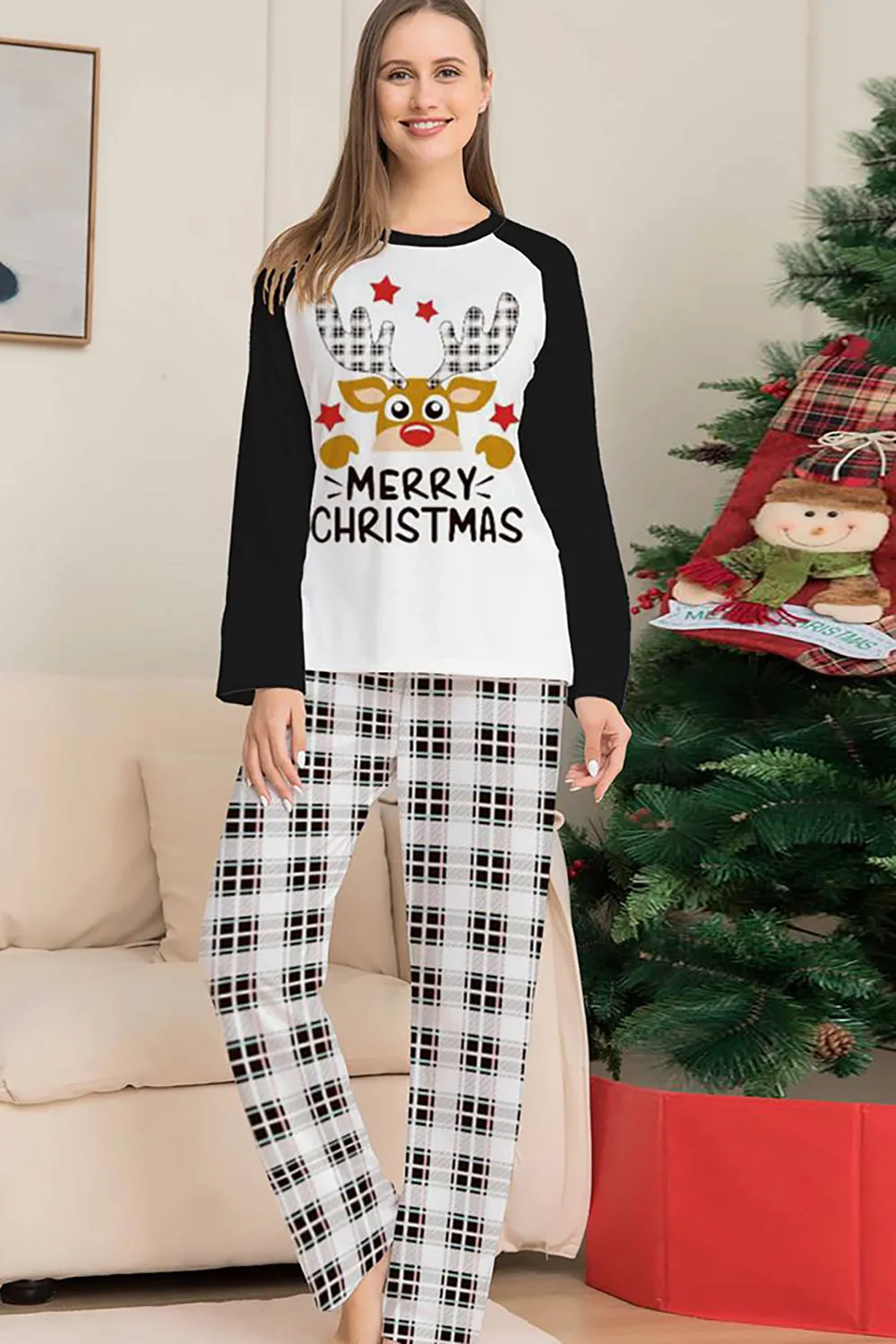 Black and White Plaid Christmas Deer Family Pajamas Set